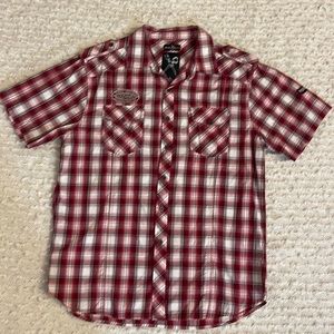 ❤️🤍🖤 Marc Ecko red plaid buttoned down collard casual shirt,short sleeves, L
